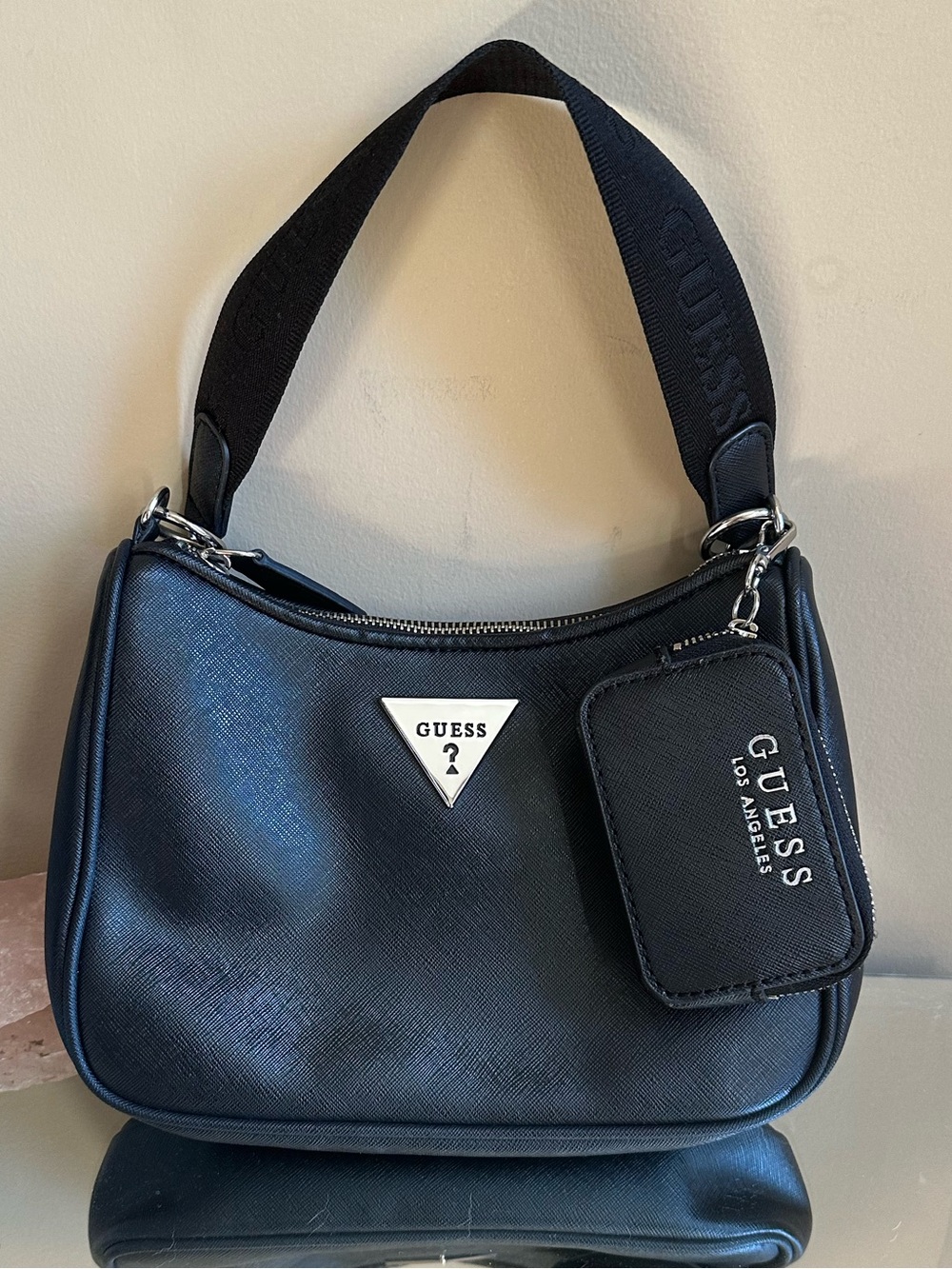 GUESS Black Shoulder Bag with Logo Triangle and Zip Charm - Picture 2 of 9